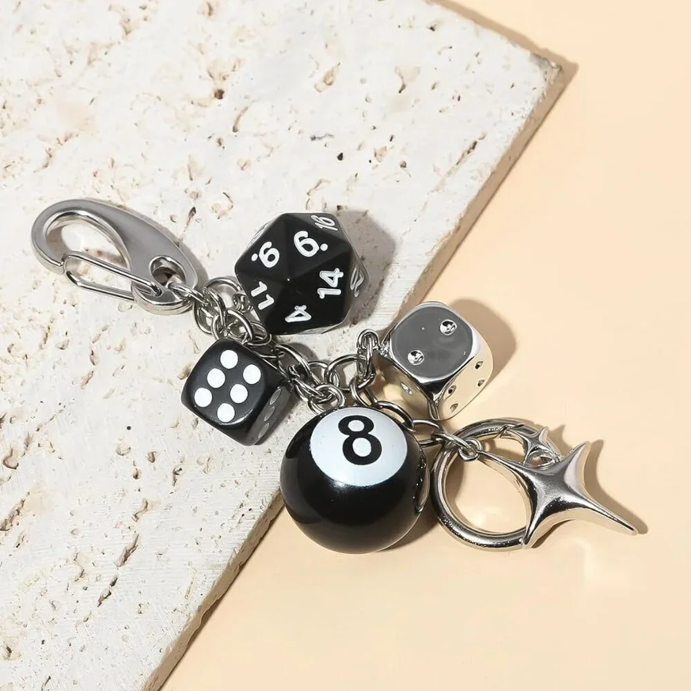 Women's Black White 8 Ball Dice Shiny Star Charm Cute  Keychain Handbag